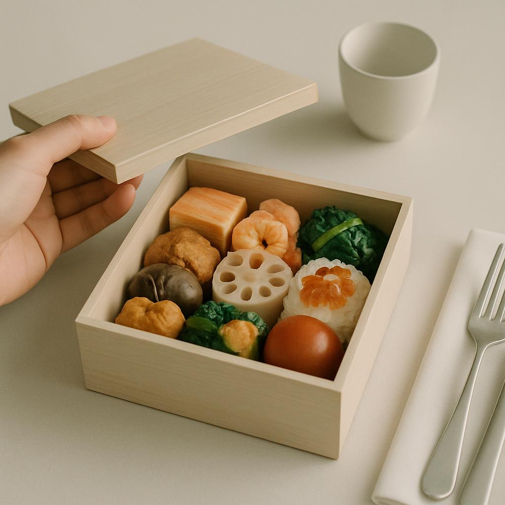 A Japanese bento box with various small food items, including vegetables and proteins, presented on a white table with a c...