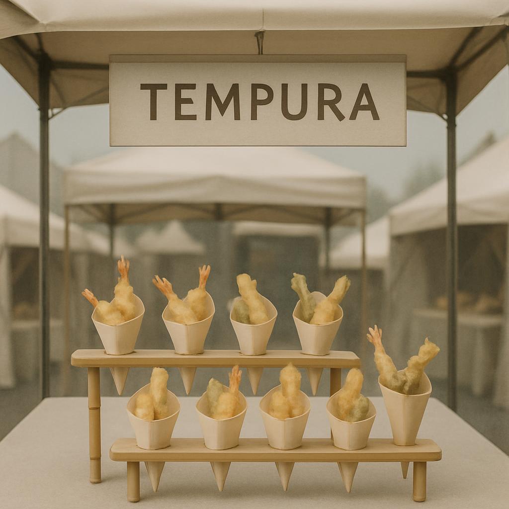 A food stand with multiple tempura cones underneath a 'tempura' sign.