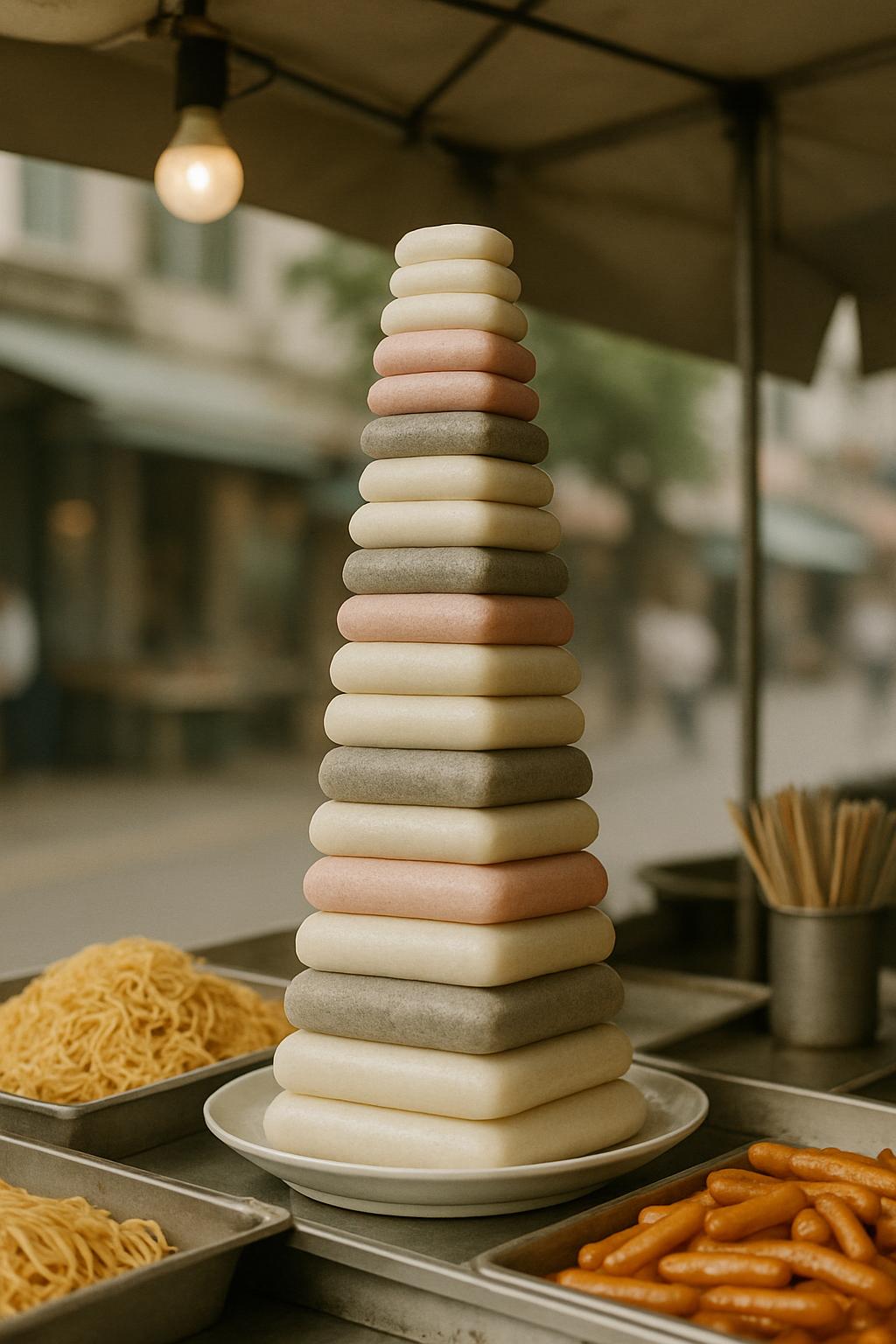 *tall stack of steamed buns in mix earth tones*