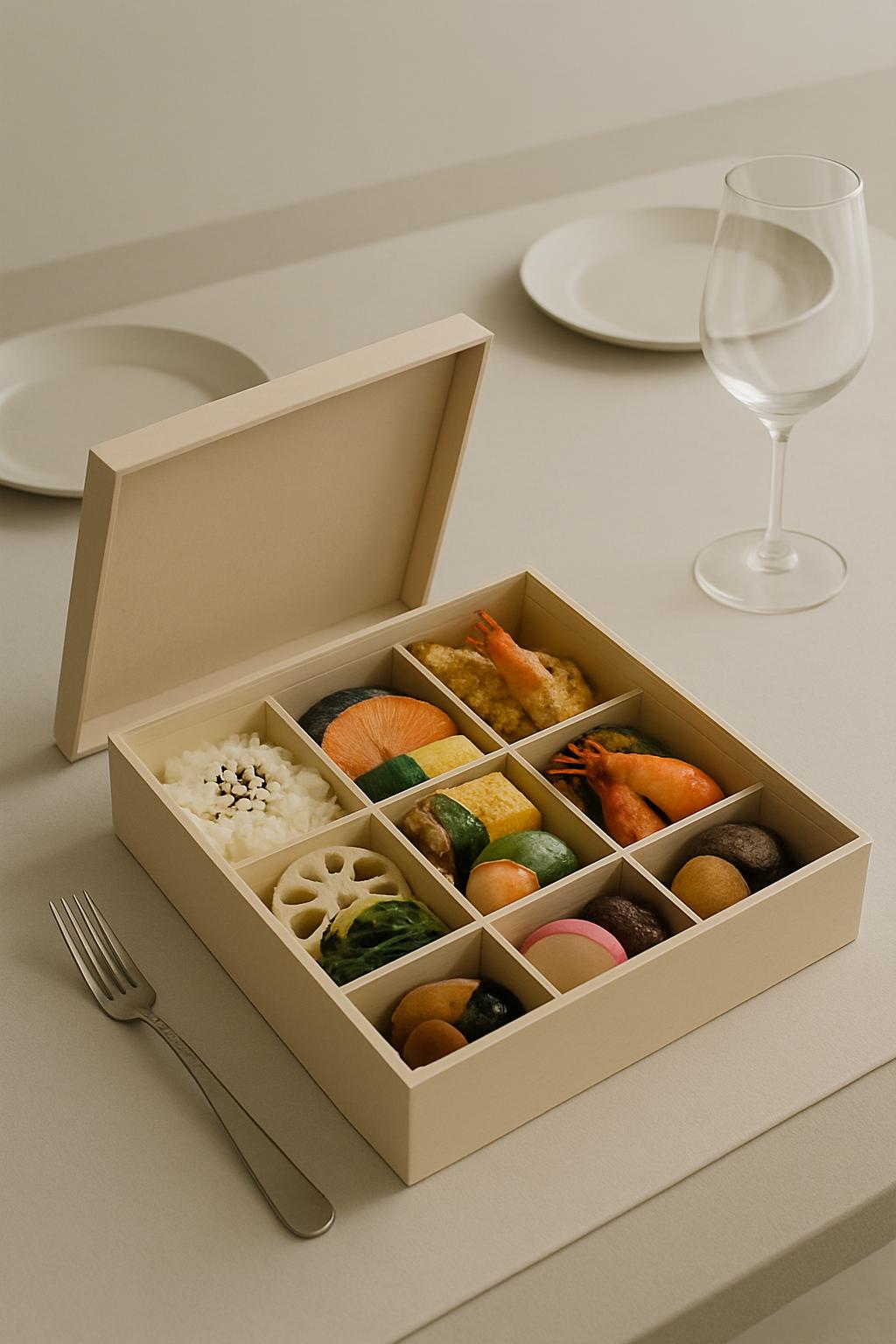 A bento box contains a variety of small dishes packed in a single container.