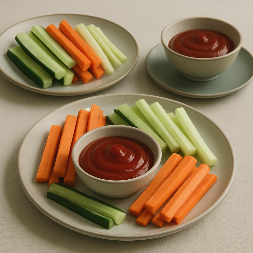 Two white plates with assorted vegetables, including carrots and zucchini, and a cup of reddish-brown sauce.