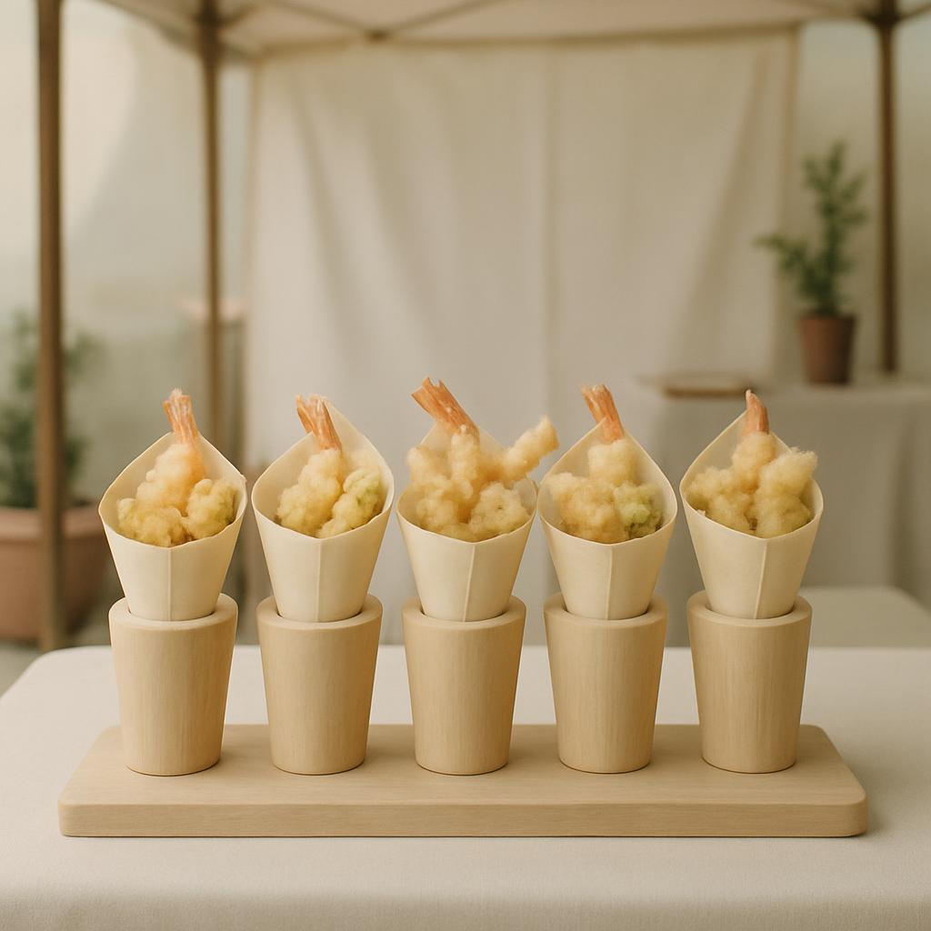 Five servings of tempura in wooden holders on top of wooden base, on a table with beige tablecloth, indoor table set with ...