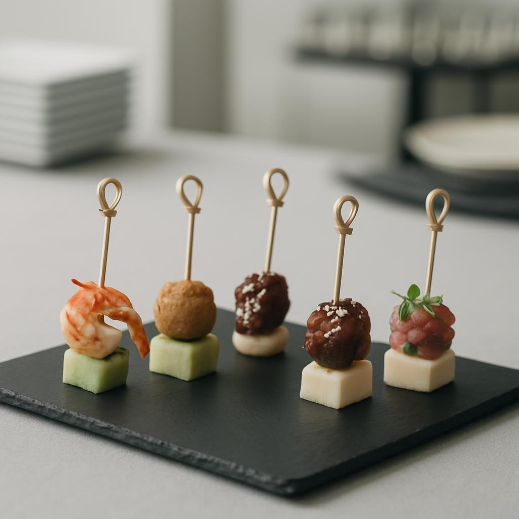 Slate snack board with shrimp and meatball garnishes.