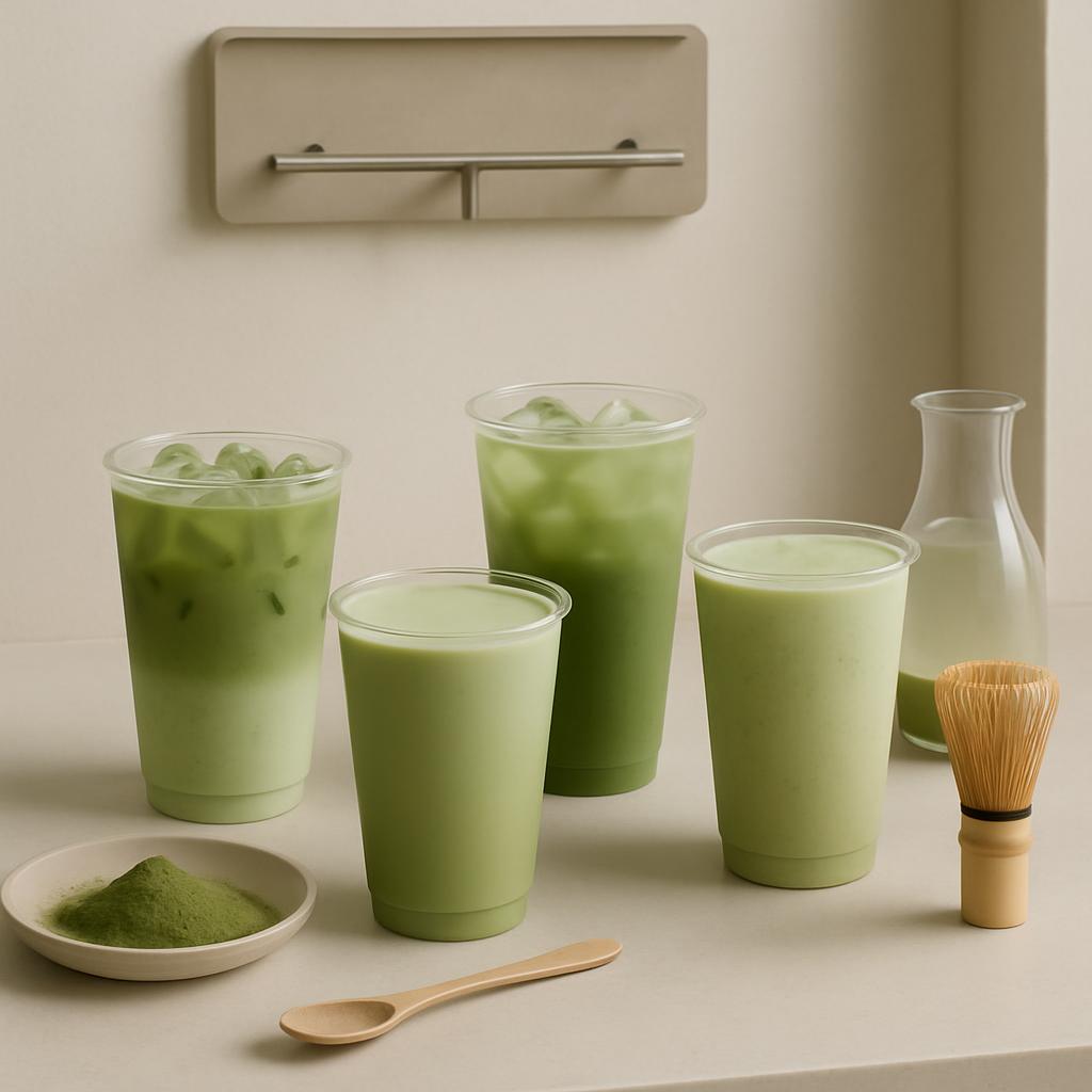 Several types of matcha drinks in plastic cups, matcha powder and wooden spoon, next to a glass bottle, appearing in an in...